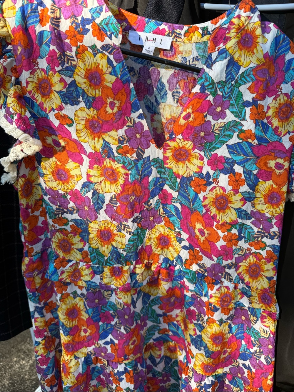 THML Multicolor Floral V-Neck Puff Sleeve Tunic